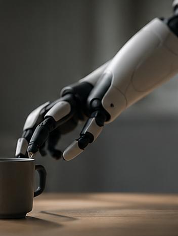 A white robotic hand with articulated fingers reaching towards a ceramic mug on a wooden table.
