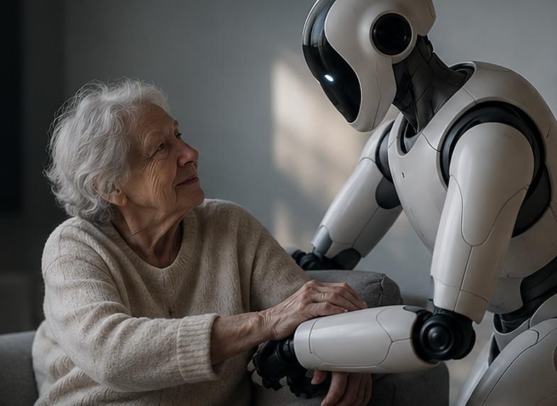 An elderly woman in a knit sweater sits in a quiet room; a white service robot rests a supporting arm beside her hand.