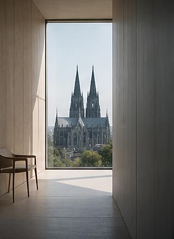 A minimal concrete and wood corridor ending in a tall window that frames Cologne Cathedral.