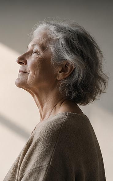 Profile of an elderly woman with grey hair, eyes closed, in soft window light.